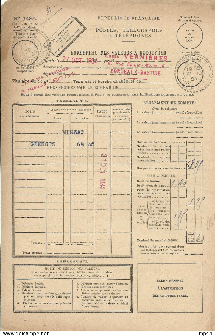 2L8 --- 24 MINZAC B3 Bordereau Des Valeurs à Recouvrer - 1921-1960: Modern Period