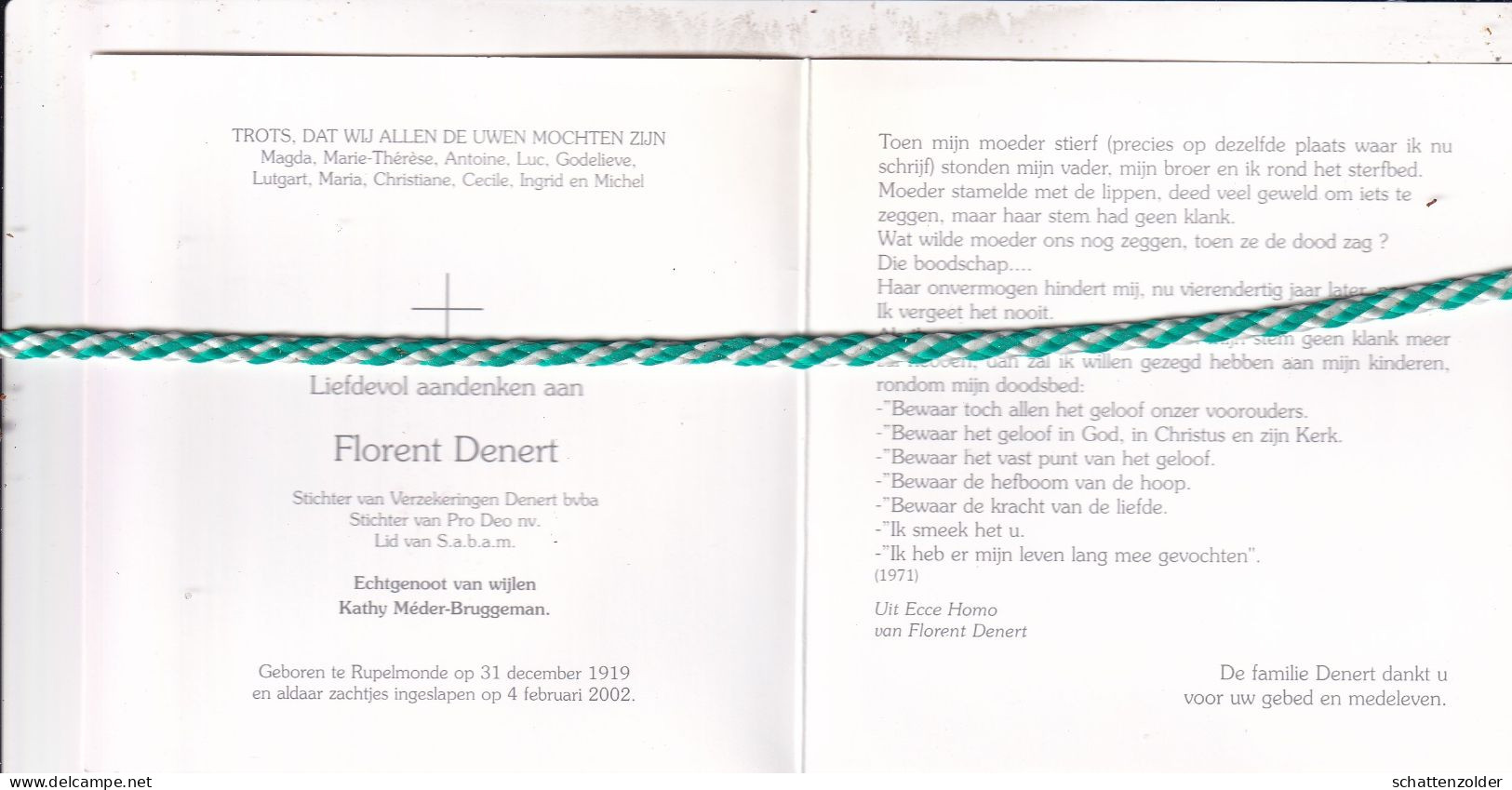 Florent Denert-Méder, Rupelmonde 1919, 2002. Foto - Todesanzeige