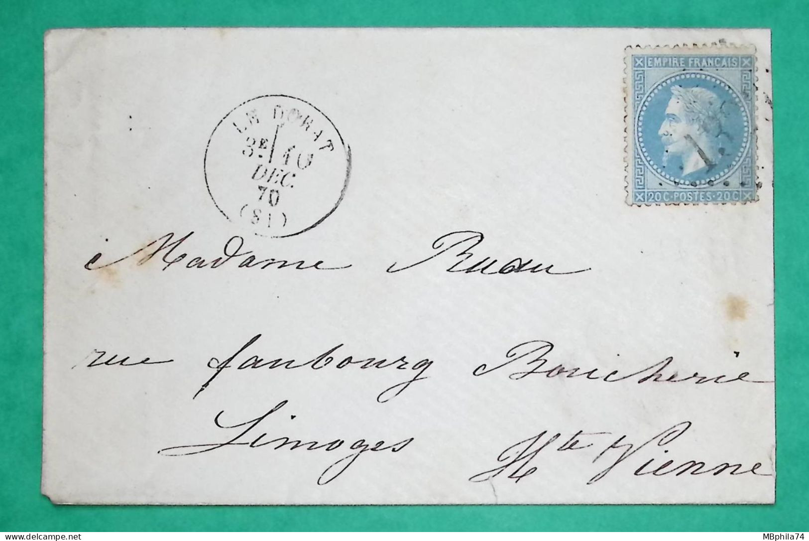 N°29 GC 1329 LE DORAT HAUTE VIENNE POUR LIMOGES 1870 LETTRE COVER FRANCE - 1849-1876: Classic Period