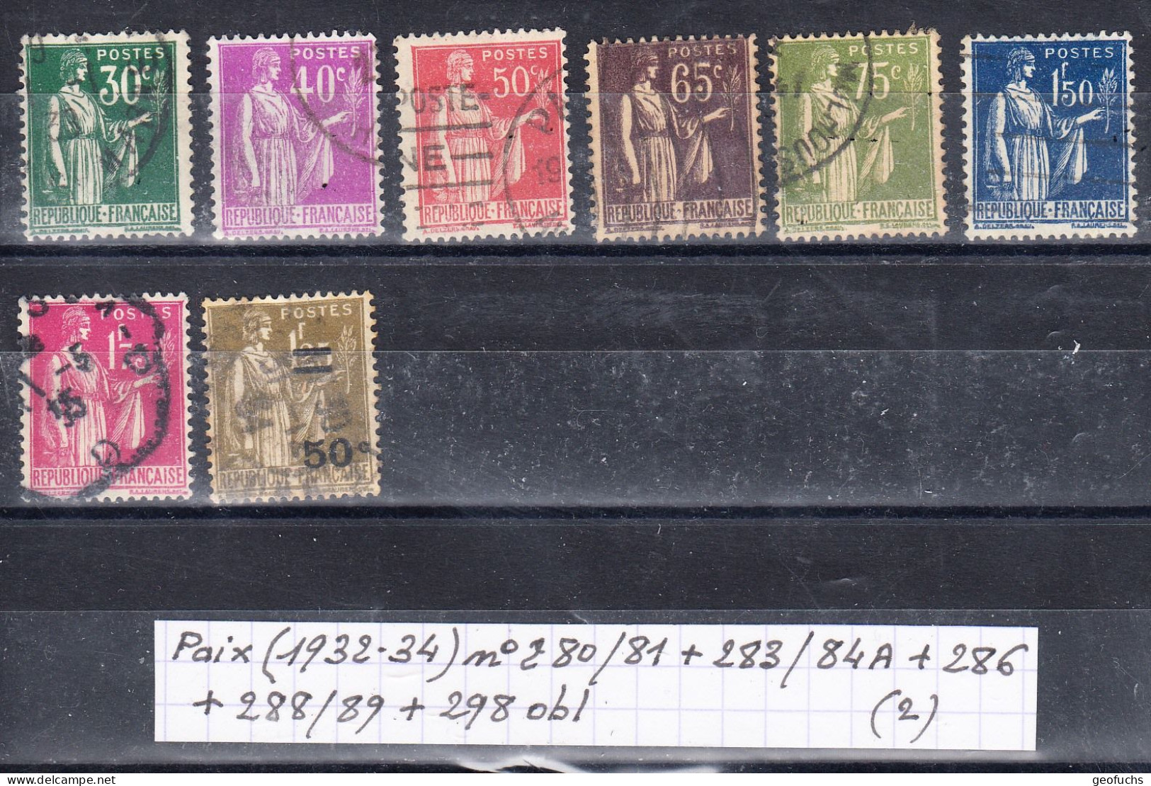 France Type Paix (1932-34) Y/T N° 280/81 + 283/84A + 286 + 288/89 + 298 Oblitérés (lot 2) - 1932-39 Peace