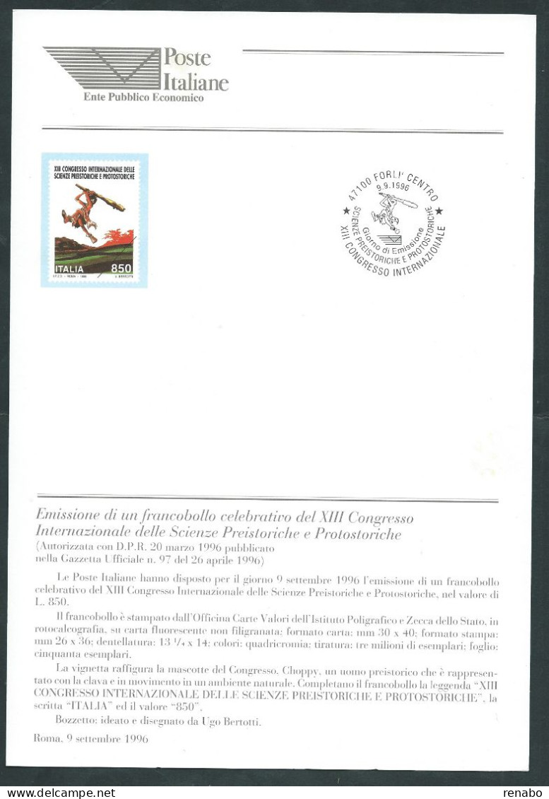 Italia 1996; Bollettino Ufficiale Delle Poste Italiane: "Congresso Delle Scienze Preistoriche E Protostoriche" - 1991-00: Mint/hinged