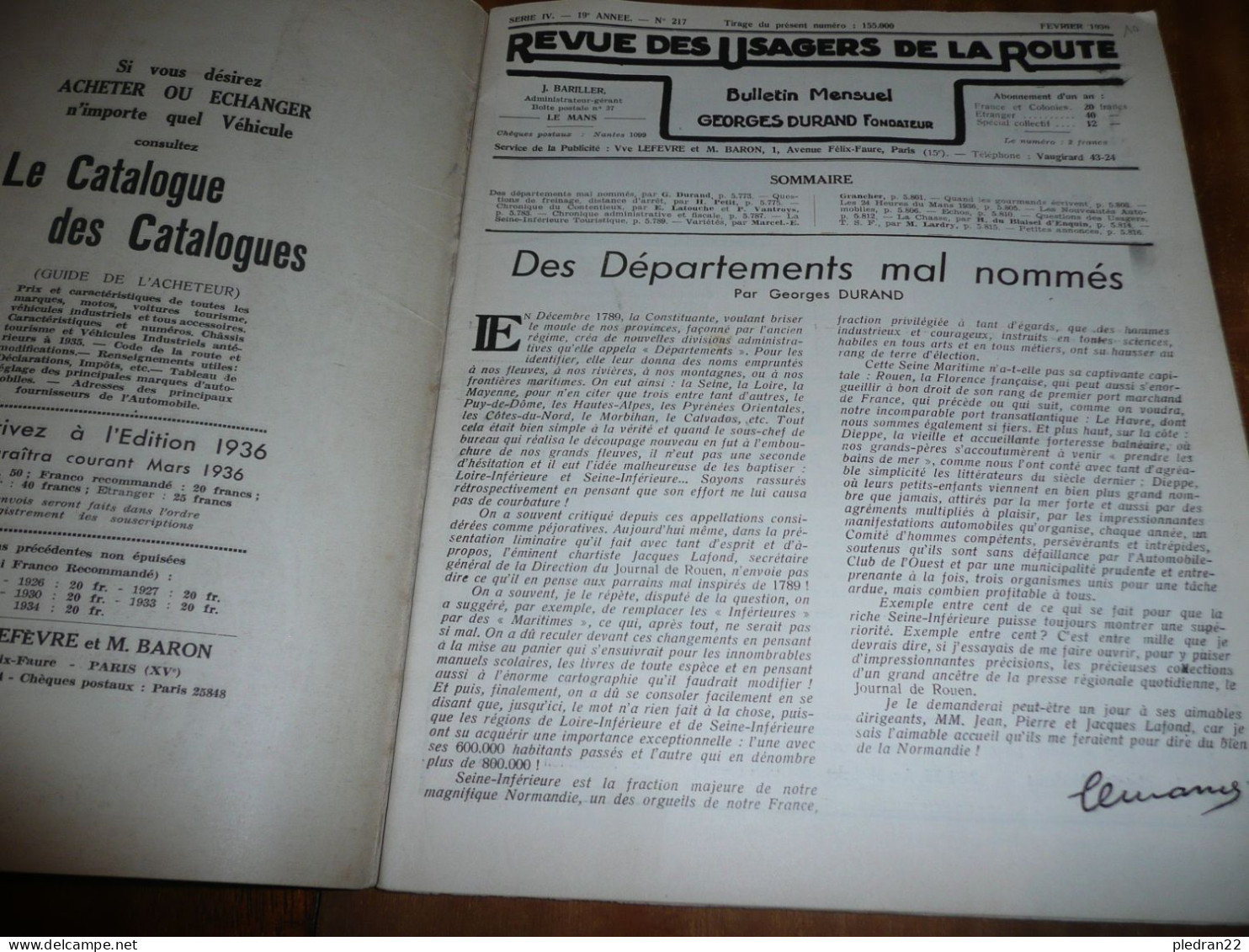 REVUE DES USAGERS DE LA ROUTE BULLETIN MENSUEL GEORGES DURAND N° 217 FEVRIER 1936 AUTOMOBILE TOURISME + DIVERS - Auto