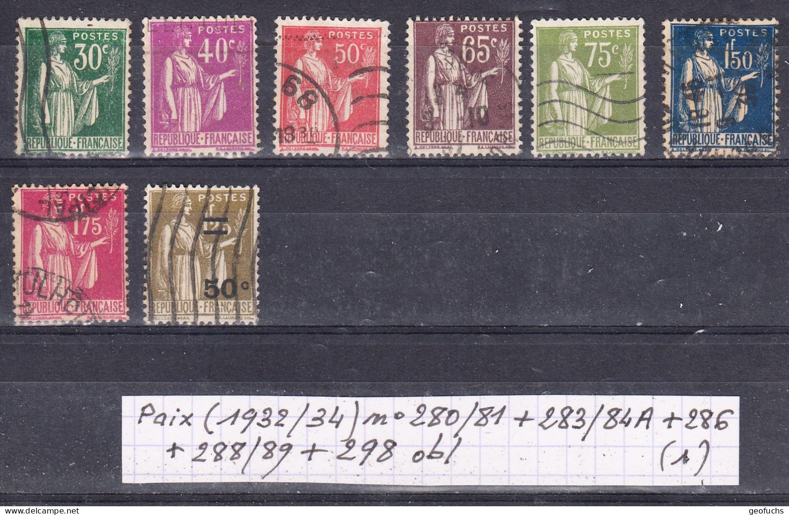 France Type Paix (1932-34) Y/T N° 280/81 + 283/84A + 286 + 288/89 + 298 Oblitérés (lot 1) - 1932-39 Peace