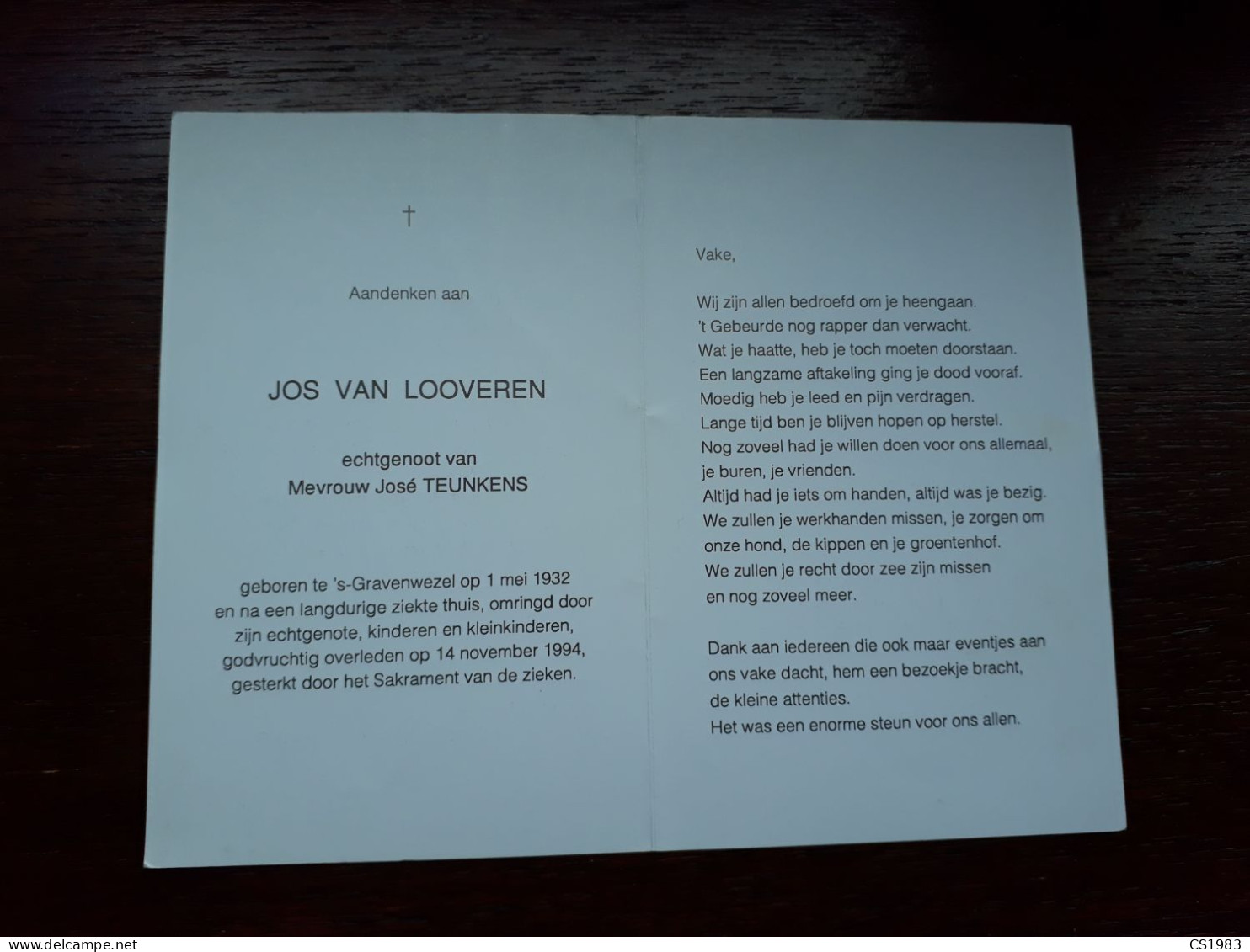 Jos Van Looveren ° 's-Gravenwezel 1932 + 1994 X José Teunkens - Obituary Notices