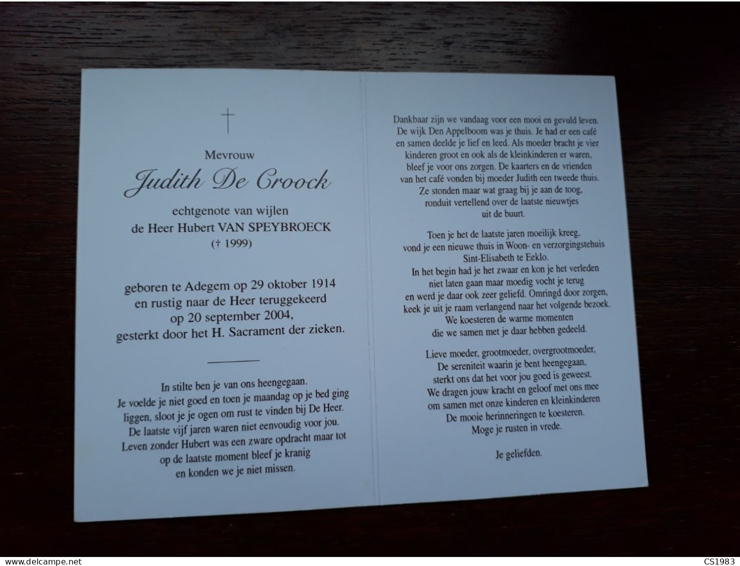 Judith De Croock ° Adegem 1914 + 2004 X Hubert Van Speybroeck (Fam: Lekens - Bottelier) - Obituary Notices