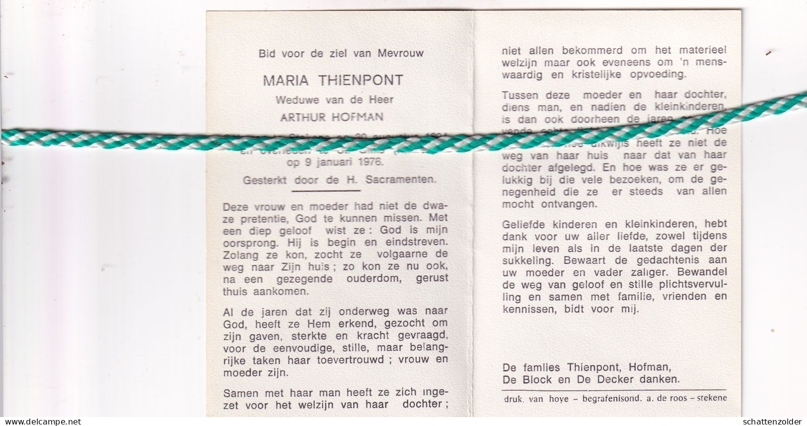 Maria Thienpont-Hofman, Stekene 1894, Sint-Gillis 1976 - Obituary Notices