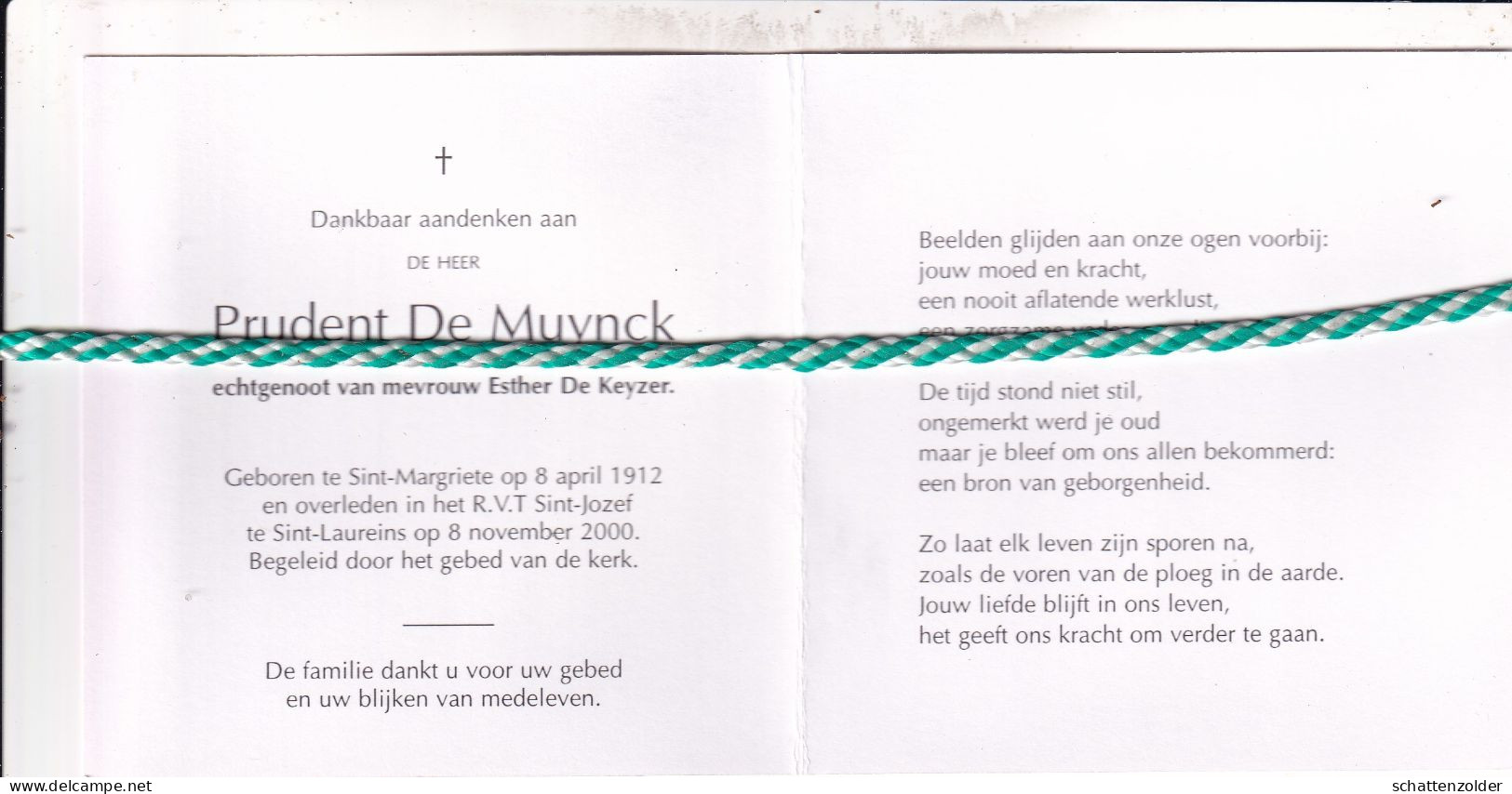 Prudent De Muynck-De Keyzer, Sint-Margriete 1912, Sint-Laureins 2000. Foto - Overlijden