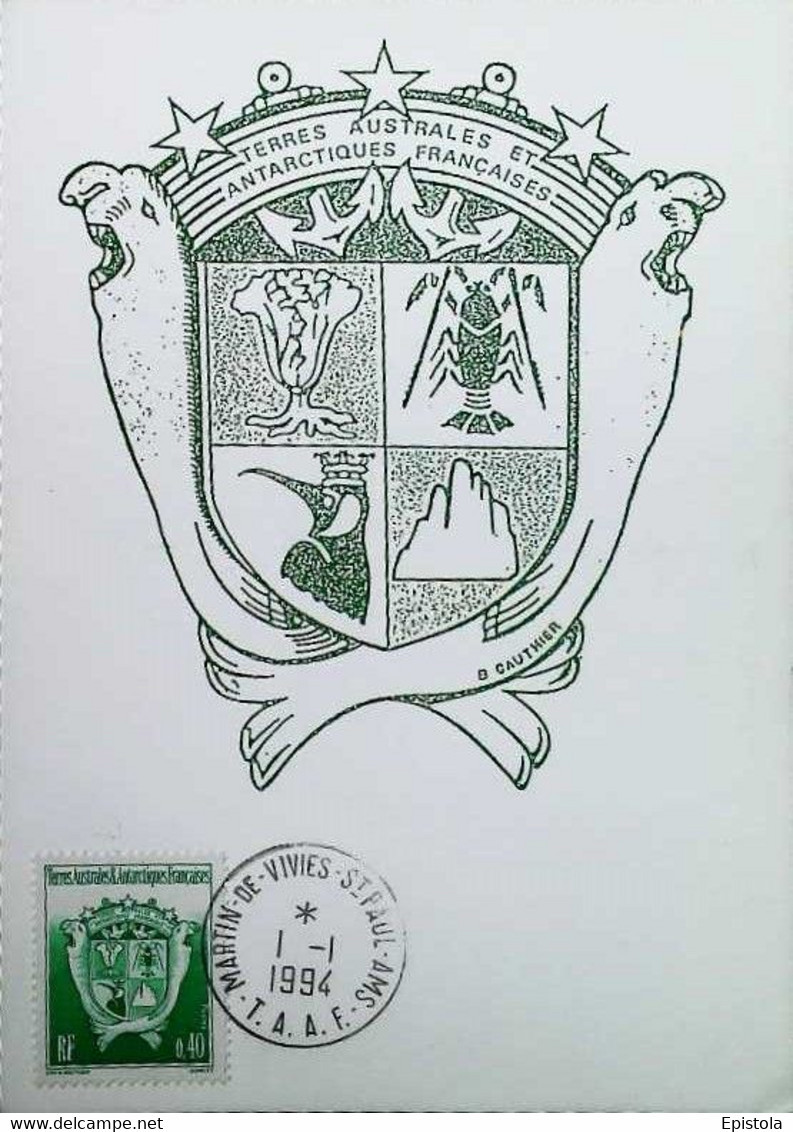 ►  TAAF Carte Maximum - 0,40F RF - Dumont D'Urville ANTARCTIQUE FRANCAISE - CROZET 1994  Armoiries Blason Coat Of Arms - FDC