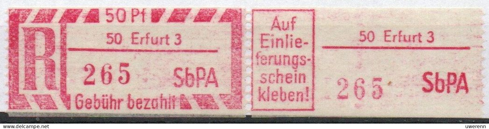 DDR Einschreibemarke Erfurt SbPA Postfrisch, EM2B-50-3II Zh (Mi 2C) - Labels For Registered Mail