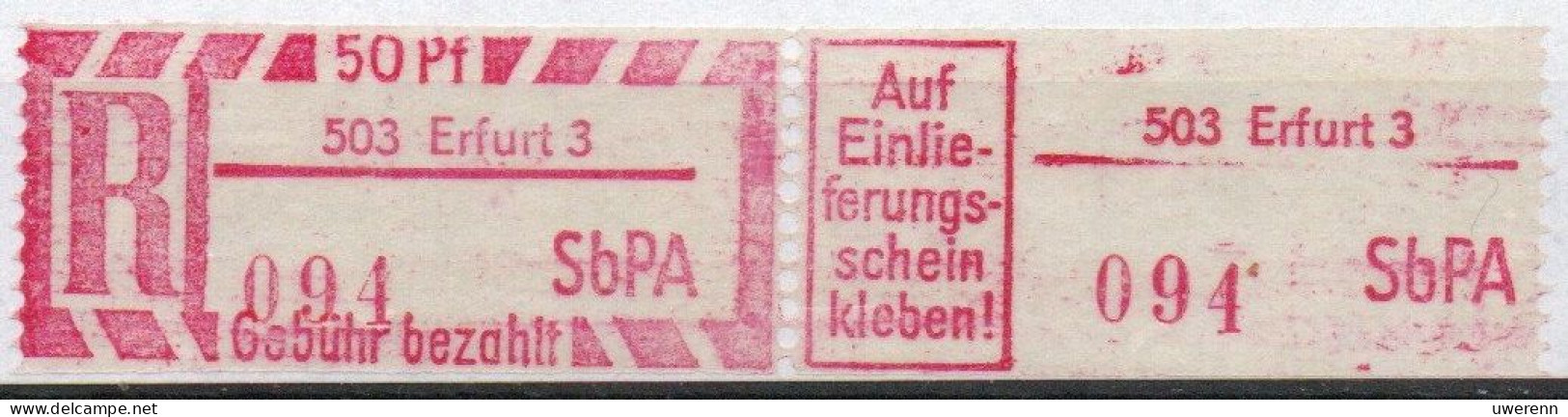 DDR Einschreibemarke Erfurt SbPA Postfrisch, EM2B-503-3II Zh (Mi 2C) - Labels For Registered Mail