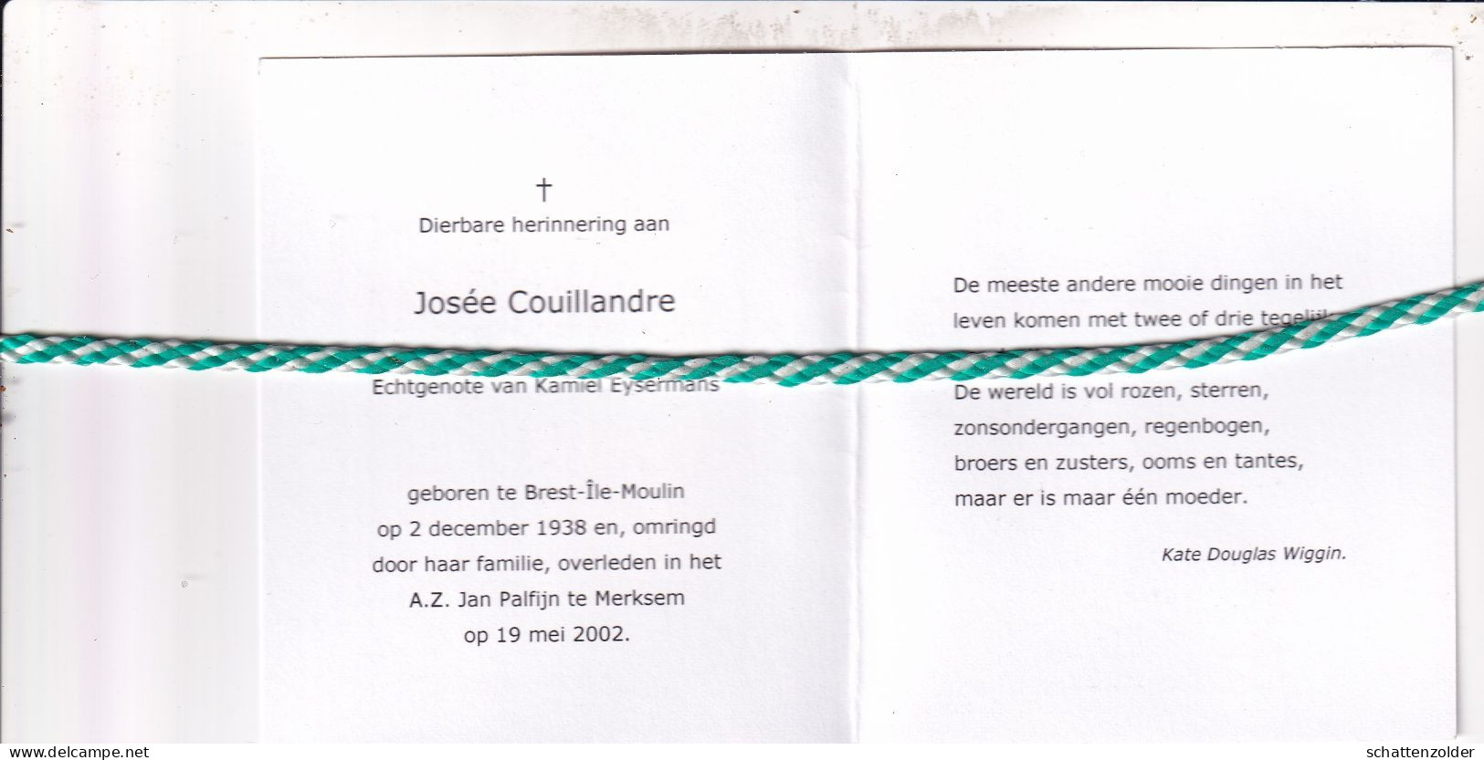 Josée Couillandre-Eysermans, Brest-Ile-Moulin 1938, Merksem 2002. Foto - Overlijden
