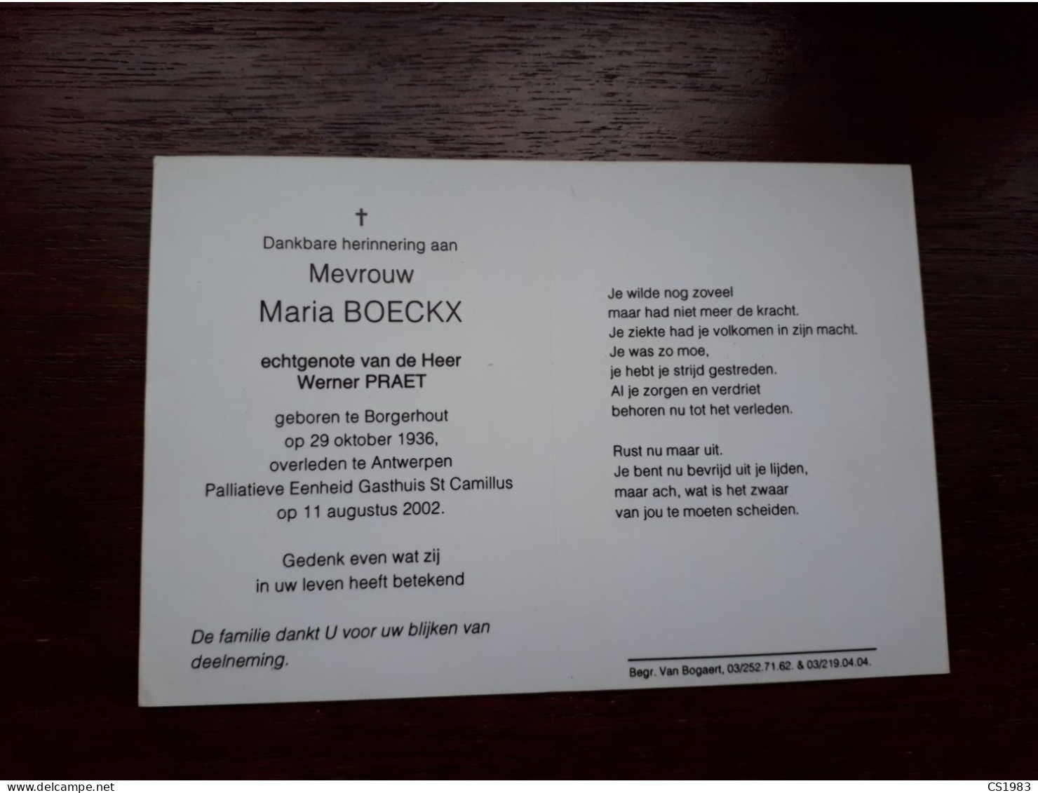 Maria Boeckx ° Borgerhout 1936 + Antwerpen 2002 X Werner Praet - Obituary Notices