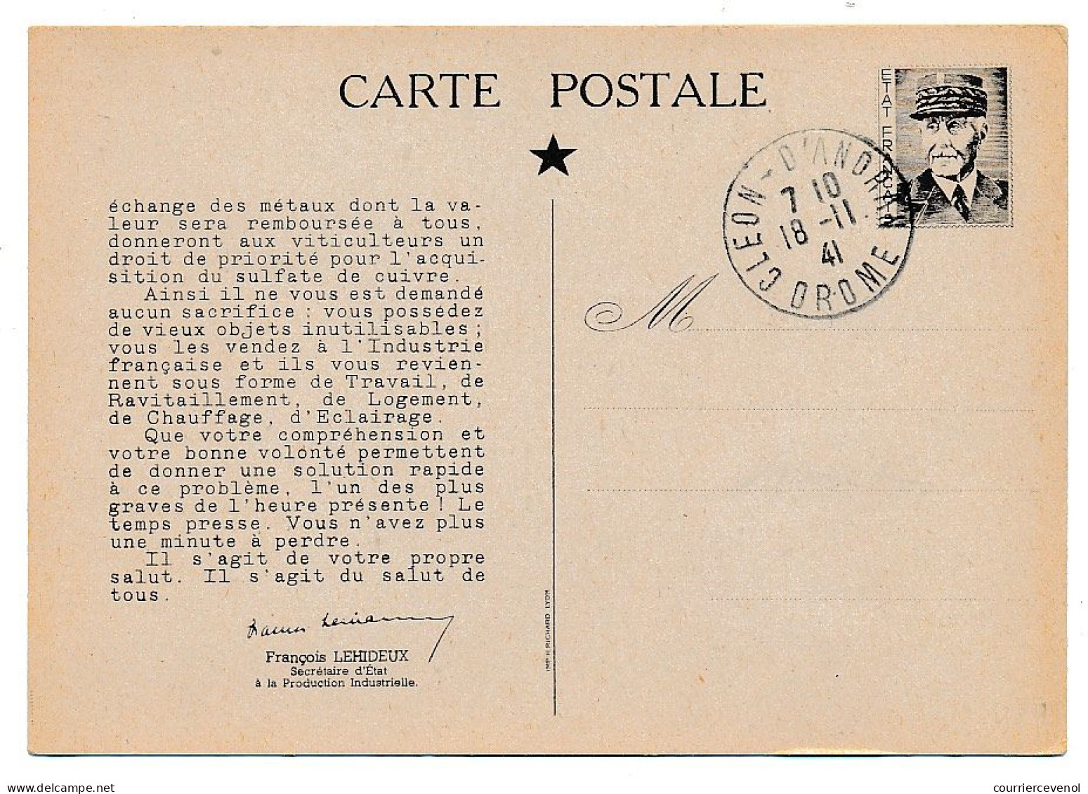 FRANCE - Carte Postale METAUX NON FERREUX Oblit De Complaisance Cléon D'Andran 18/11/1941 - Pseudo-entiers Officiels