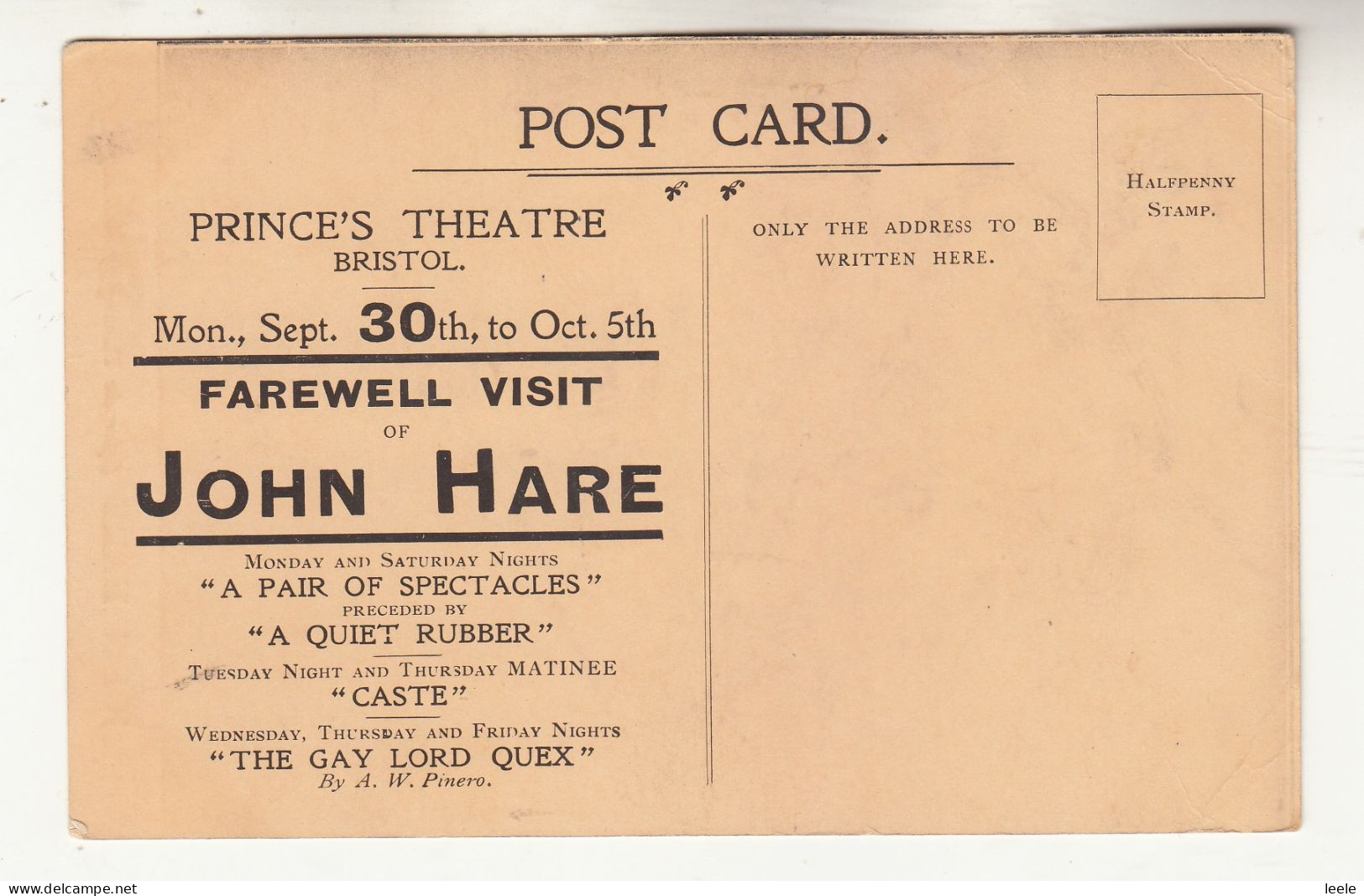 H66. Antique Advertising Postcard. John Hare's Farewell. Prince's Theatre, Bristol - Theatre