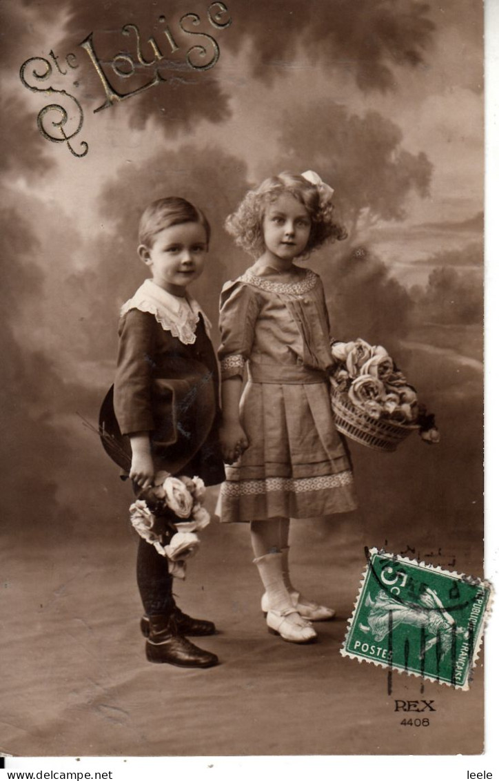 H55. Vintage French Greetings Postcard.  St. Louise. Two Children And Flowers - Saints