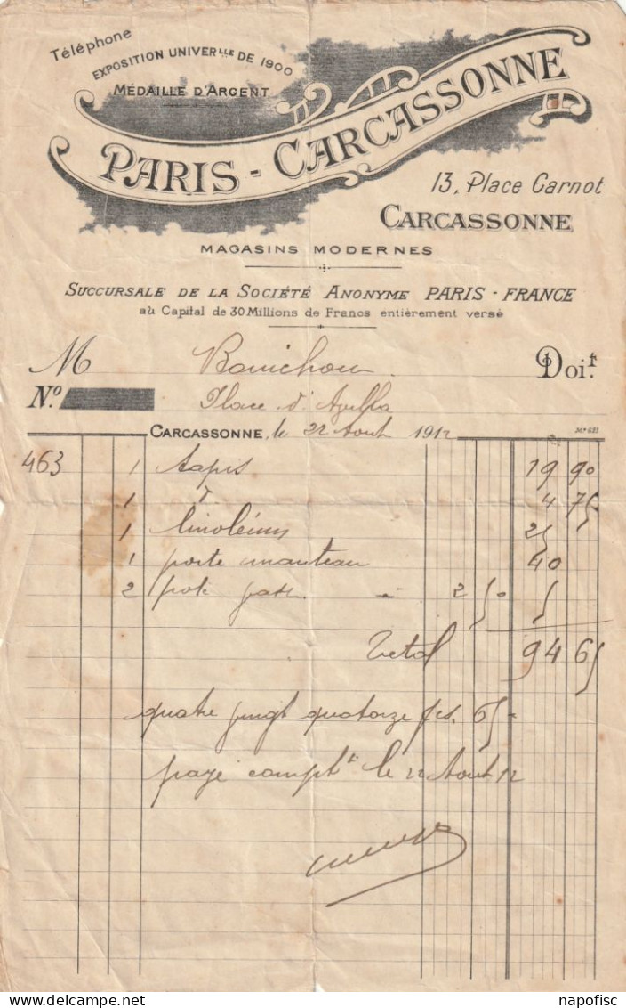 11-Paris-Carcassonne.....Magasins Modernes....Carcassone..(Aude)...1912 - Autres & Non Classés