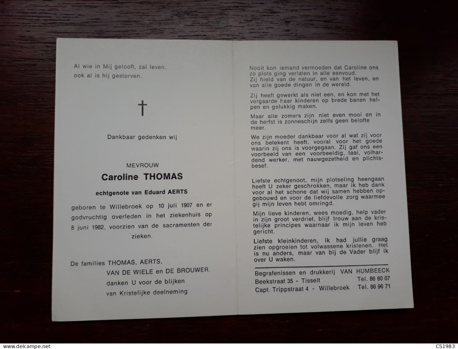 Caroline Thomas ° Willebroek 1907 + Willebroek 1982 X Eduard Aerts (Fam: Van De Wiele - De Brouwer) - Obituary Notices