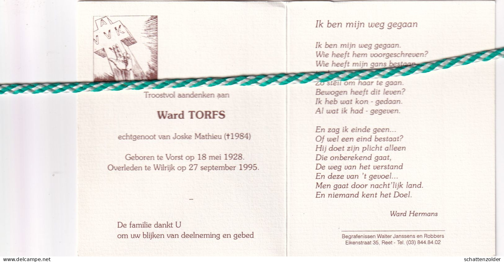 Ward Torfs-Mathieu, Vorst 1928, Wilrijk 1995. AVV VVK. Foto Tekening - Obituary Notices