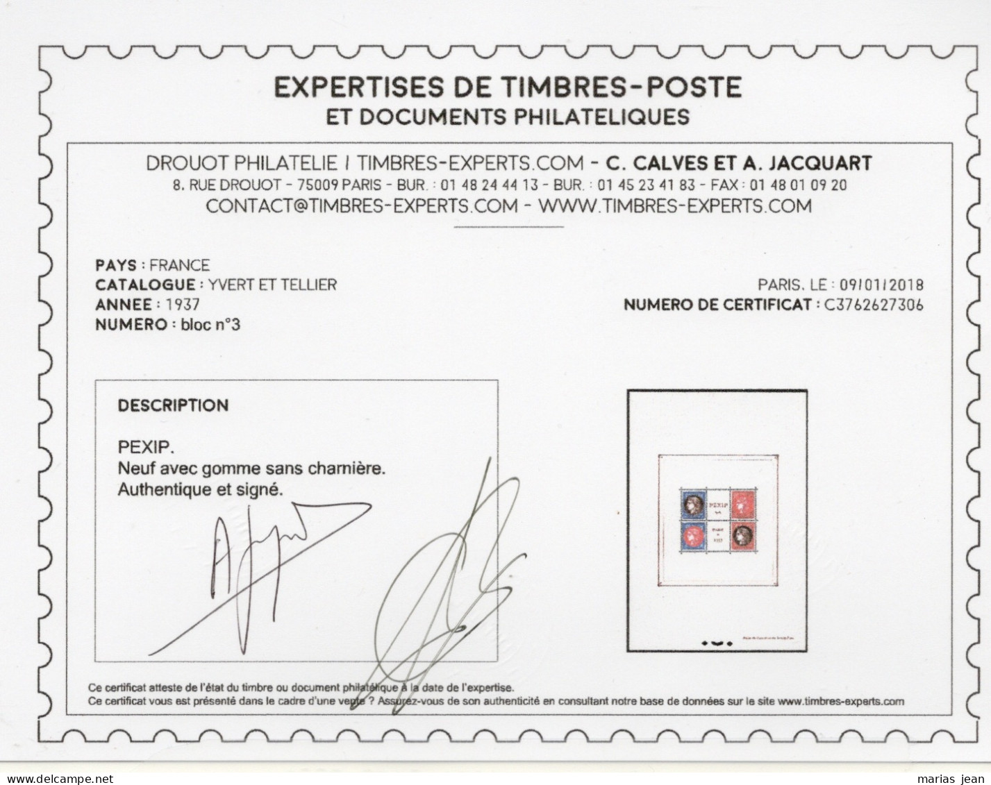 France  Block Feuillet  3    N**  Signé Calves  Avec Certificat Numérique  TTB - Neufs