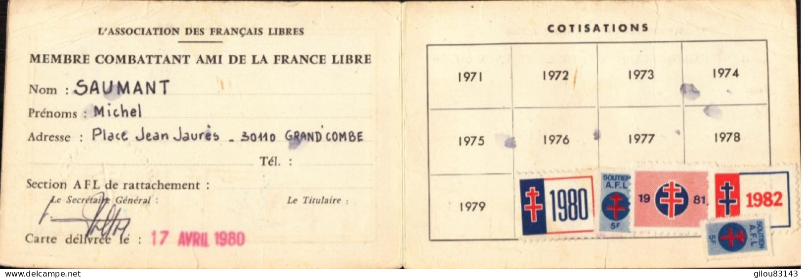 Carte De Membre Combattant Ami De La France Libre, Vignettes De 1980 à 1992 - Cartes De Membre