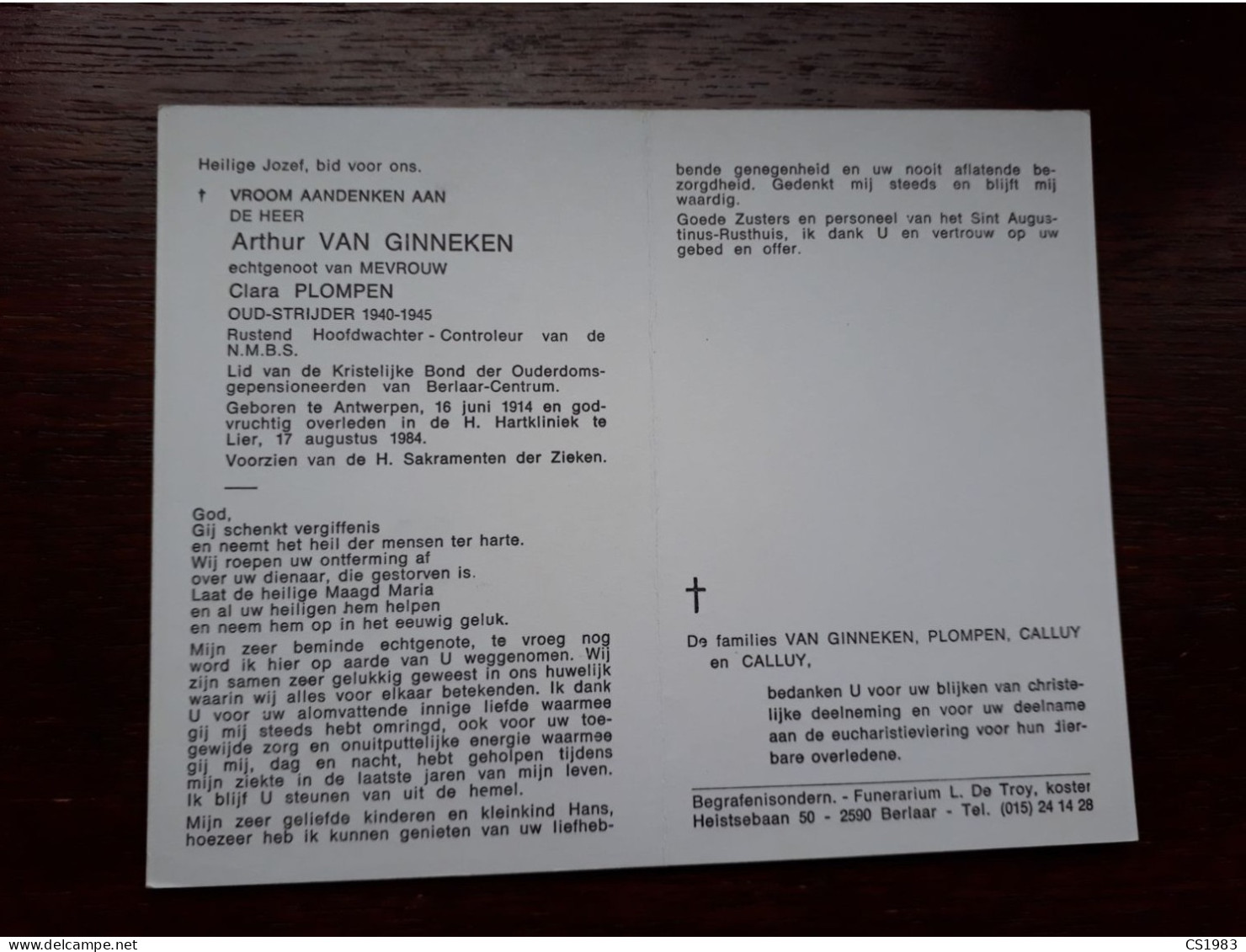 Hoofdwachter-Controleur N.M.B.S. - Arthur Van Ginneken ° Antwerpen 1914 + Lier 1984 X Clara Plompen (Fam: Calluy) - Obituary Notices