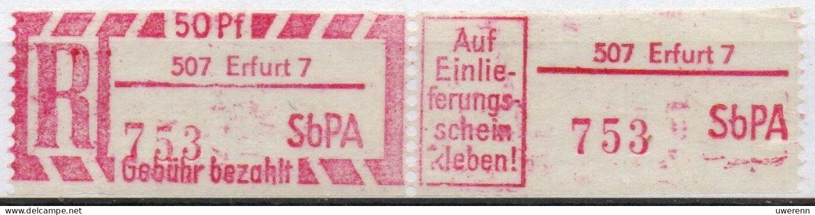 DDR Einschreibemarke Erfurt SbPA Postfrisch, EM2B-507-7II RU (a) Zh (Mi 2C) - Labels For Registered Mail