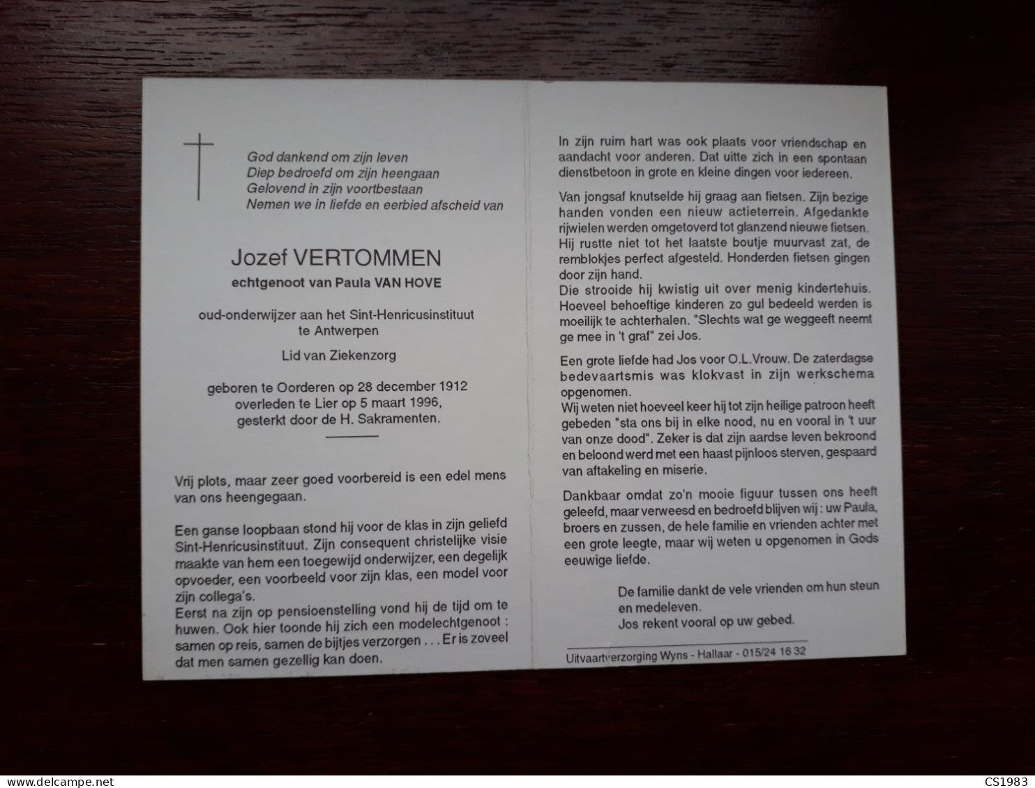 Jozef Vertommen ° Oorderen 1912 + Lier 1996 X Paula Van Hove - Obituary Notices