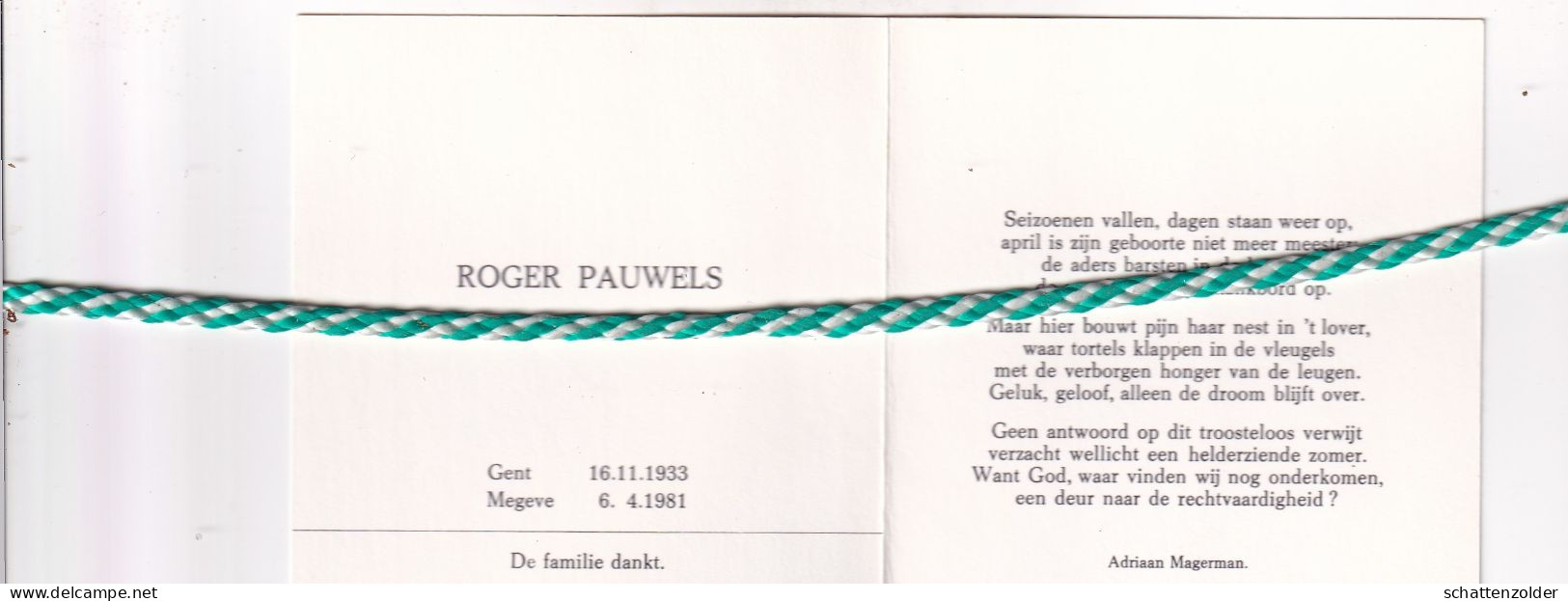 Roger Pauwels (Artiestennaam Paul Rutger), Gent 1933, Megeve 1981. Organist - Obituary Notices