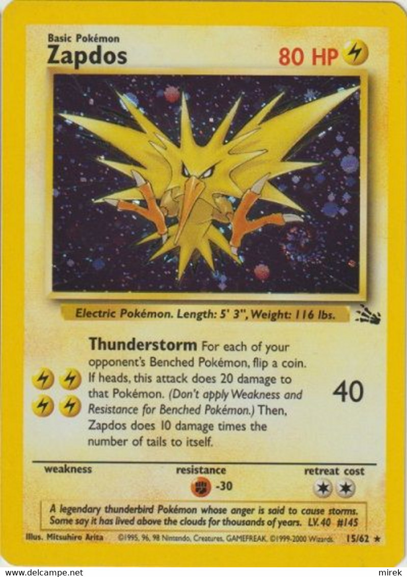 Pokemon (engl.): Fossil Set - 15 Zapdos, Holo, 2nd Issue 1999-2000; New - Andere & Zonder Classificatie