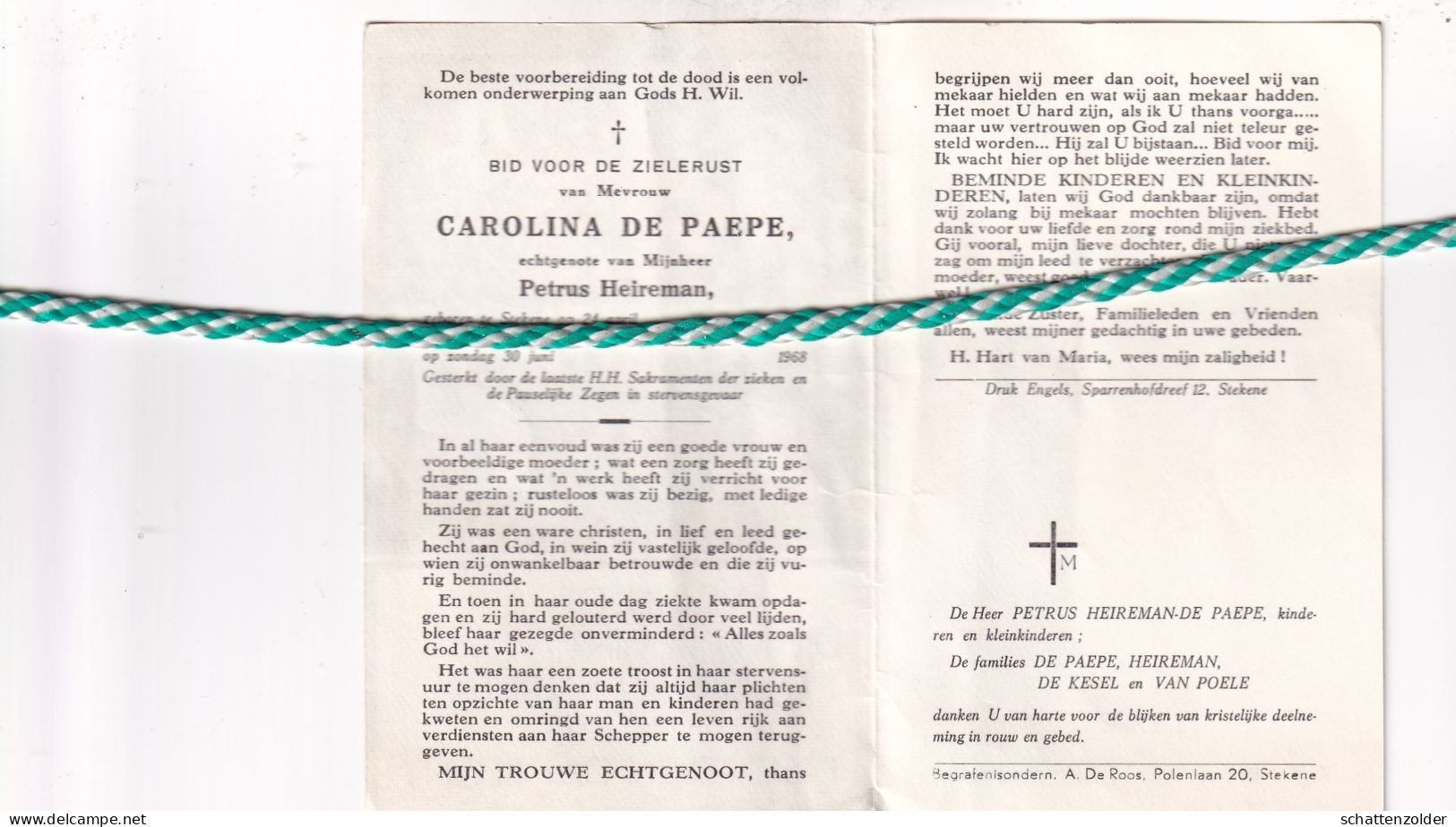 Carolina De Paepe-Heireman, Stekene 1886, 1968 - Obituary Notices