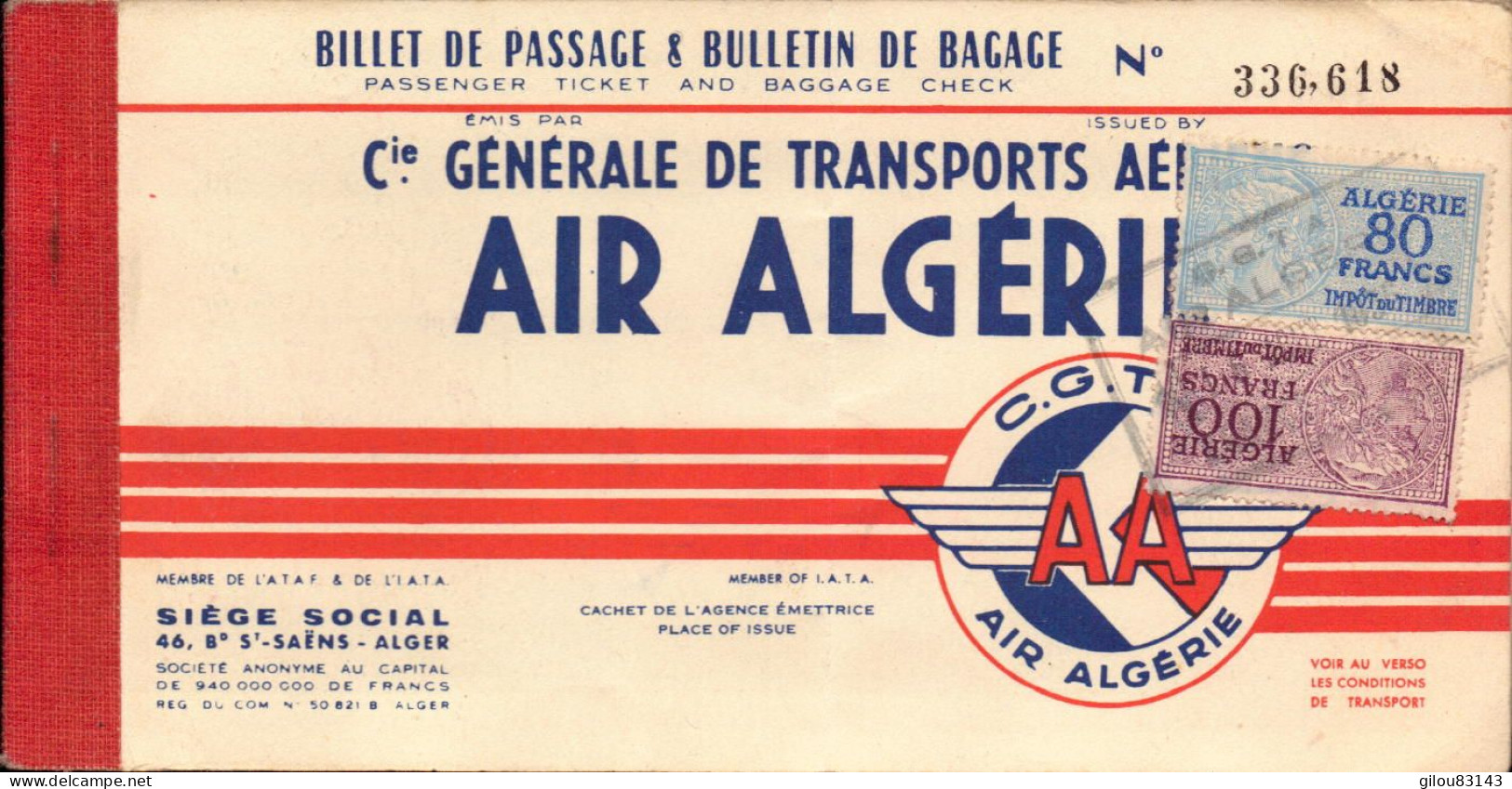 Transports Aeriens, Air Algerie, Billet Bone - Lyon + Fiscaux De 100 F Et 80 F - Autres & Non Classés