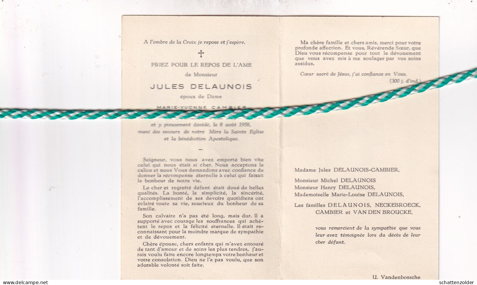 Jules Delaunois-Cambier, Renaix 1912, Ronse 1958 - Obituary Notices
