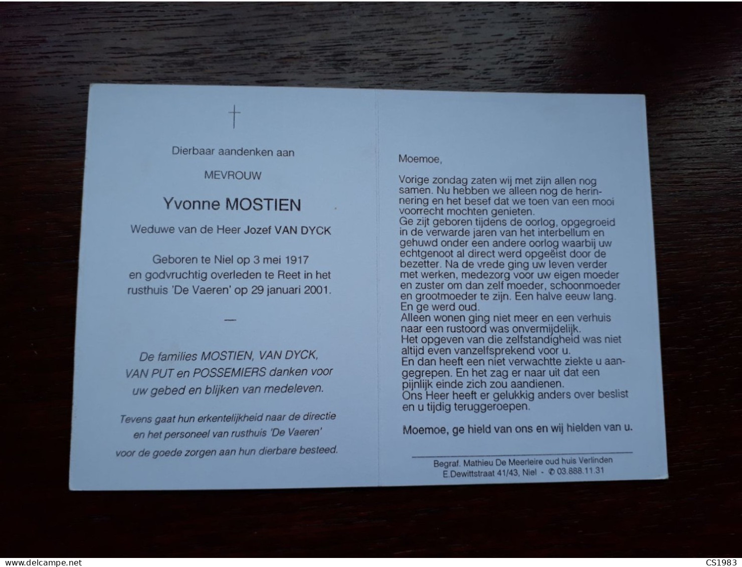 Yvonne Mostien ° Niel 1917 + Reet 2001 X Jozef Van Dyck (Fam: Van Put - Possemiers) - Obituary Notices