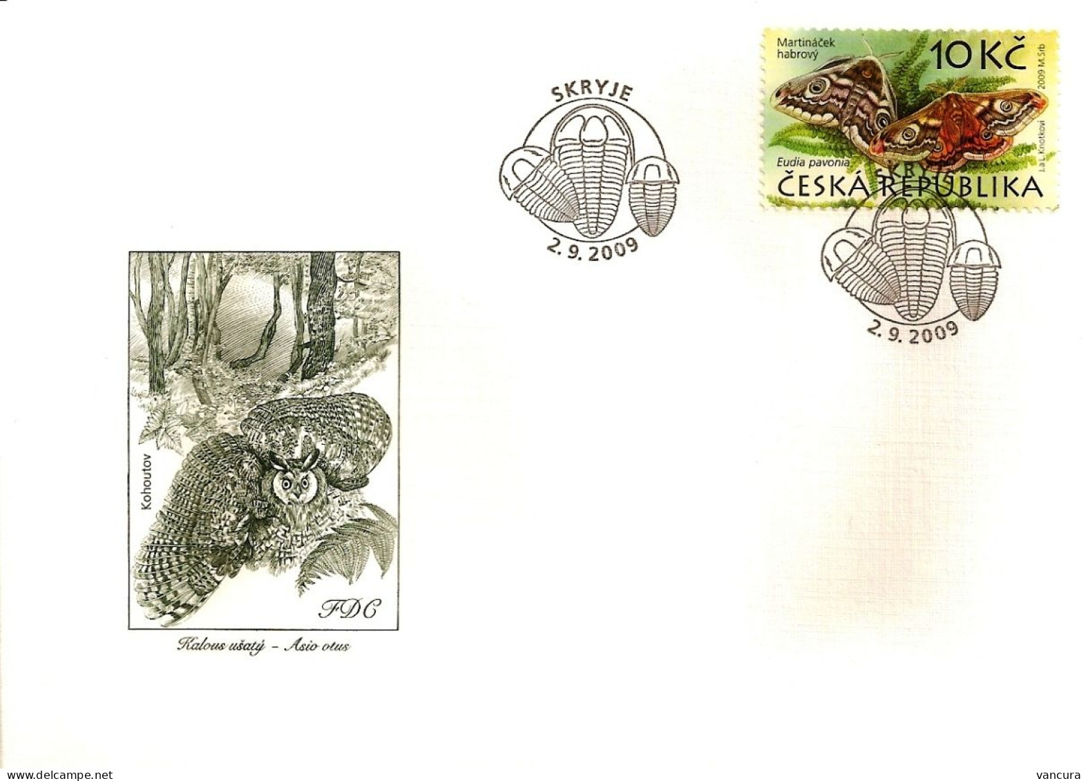 FDC 604 - 7 Czech Republic The Krivoklatsko Region - Trilobit Barn Owl Eagle Owl Deer Butterfly Black Stork Bat 2009 - Hiboux & Chouettes