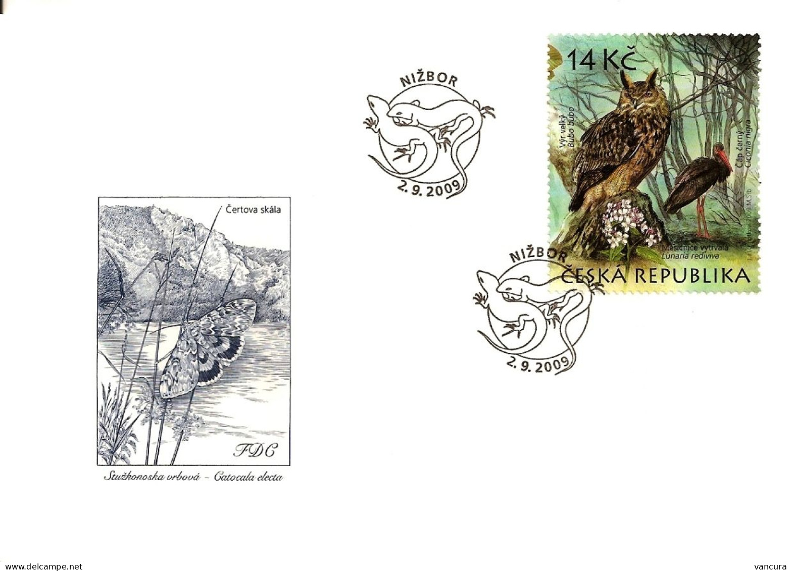 FDC 604 - 7 Czech Republic The Krivoklatsko Region - Trilobit Barn Owl Eagle Owl Deer Butterfly Black Stork Bat 2009 - Hiboux & Chouettes