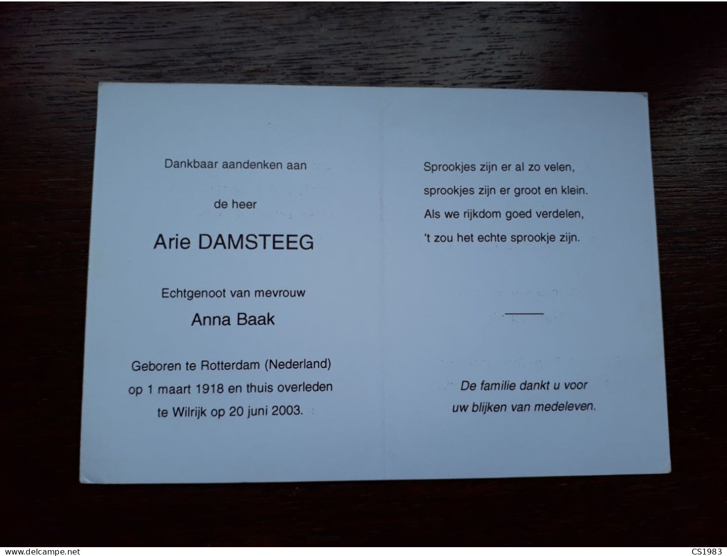 Arie Damsteeg ° Rotterdam (Nederland) 1918 + Wilrijk 2003 X Anna Baak - Overlijden