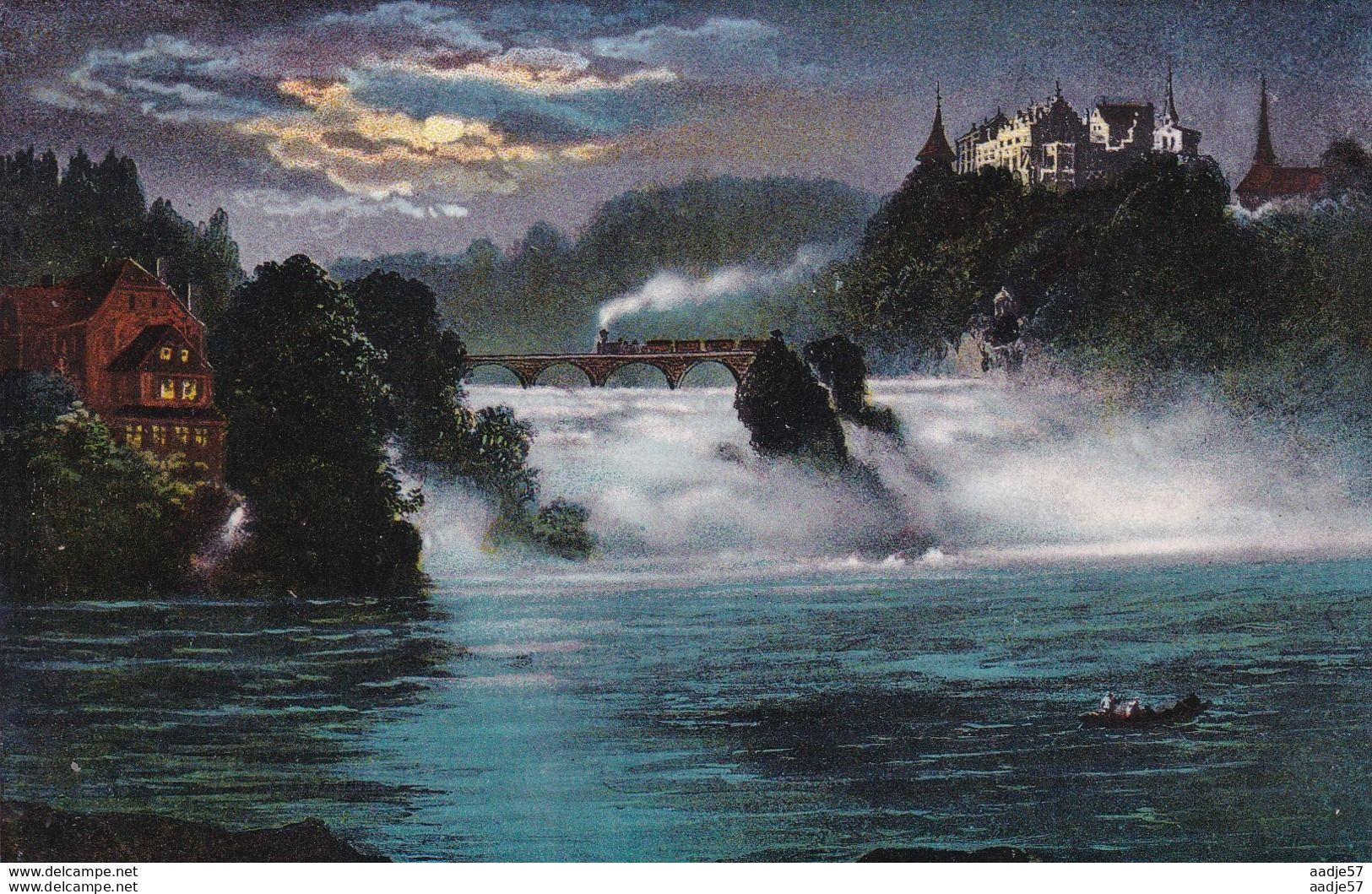 Litho Rheinfall Schaffhausen Bei Nacht Zug Eisenbahn Auf Brücke Von Konstanz Nach Ehingen 1921 - Bridges