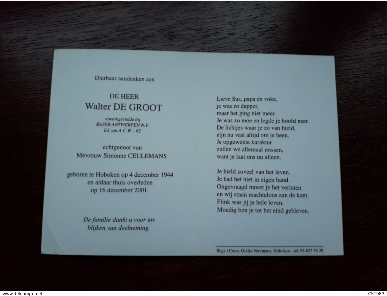 Walter De Groot ° Hoboken 1944 + Hoboken 2001 X Simonne Ceulemans - Obituary Notices