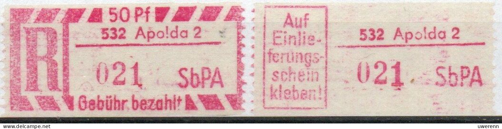 DDR Einschreibemarke Apolda SbPA Postfrisch, EM2B-532-2I(1) Gt (Mi 2C) - Labels For Registered Mail