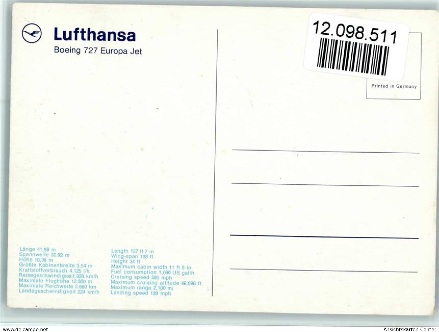 12098511 - Fluglinien Lufthansa Boing 727 AK - Autres & Non Classés