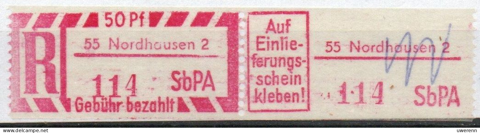 DDR Einschreibemarke Nordhausen SbPA Postfrisch, EM2B-55-2II(1) Zh (Mi 2C) - Labels For Registered Mail