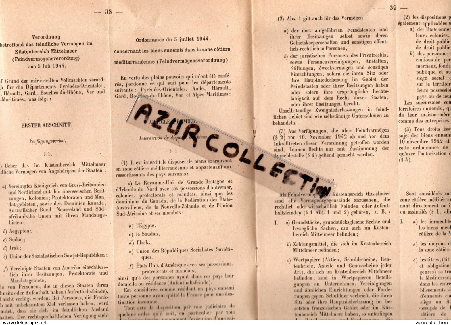 ORDONNANCES ALLEMANDES ZONE COTIERE DU SUD DE LA FRANCE . JUILLET 1944 . - 1939-45