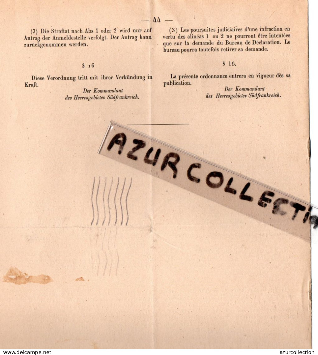 ORDONNANCES ALLEMANDES ZONE COTIERE DU SUD DE LA FRANCE . JUILLET 1944 . - 1939-45