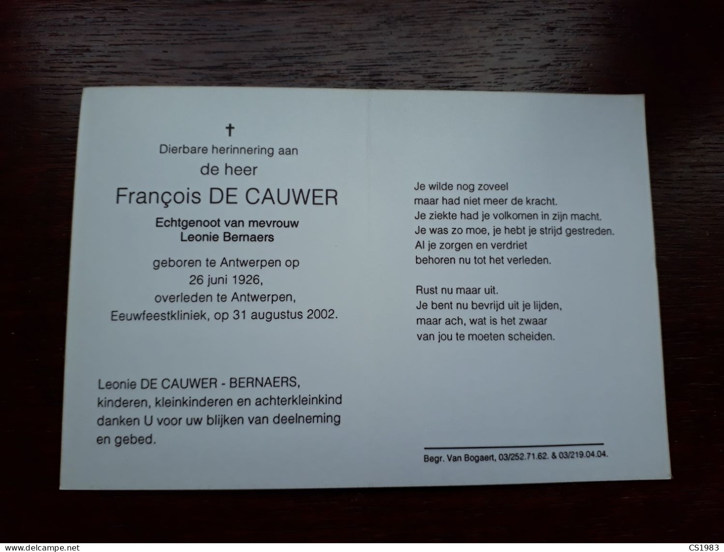 François De Cauwer ° Antwerpen 1926 + Antwerpen 2002 X Leonie Bernaers - Overlijden