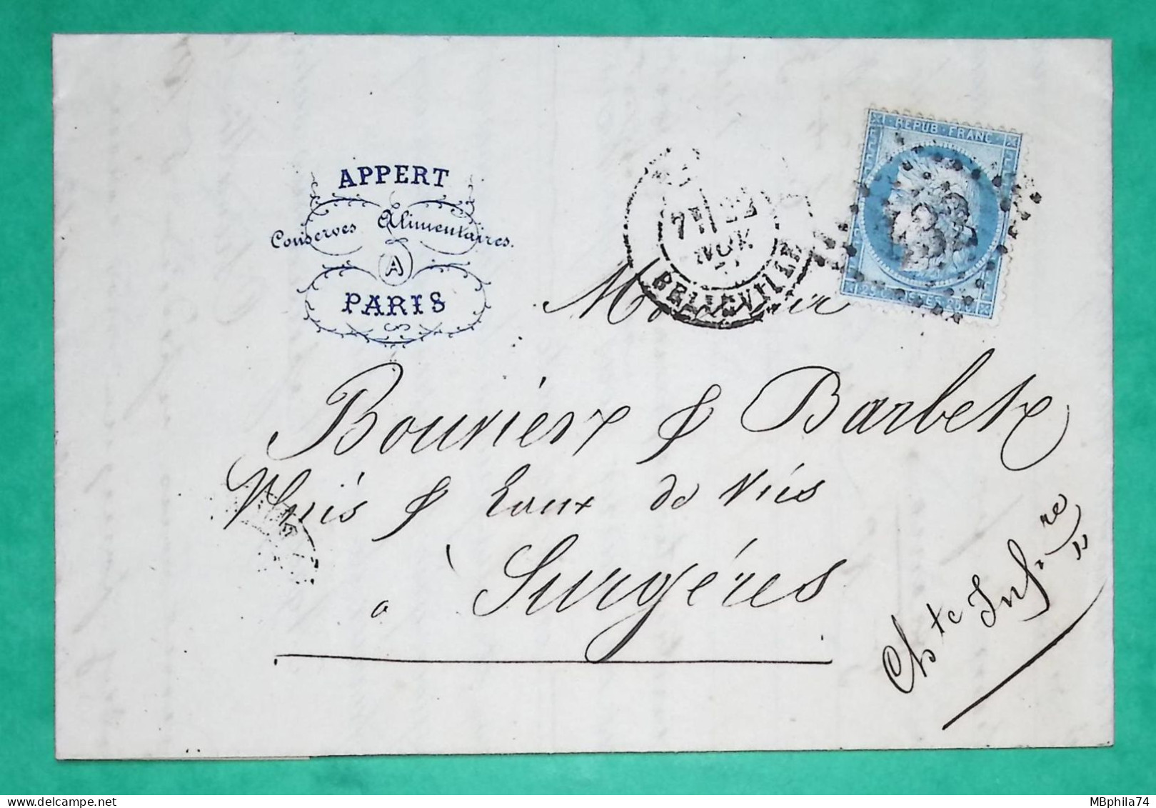 N°60A GC 432 PARIS BELLEVILLE LETTRE CONSERVES ALIMENTAIRES NICOLAS APPERT POUR SURGERES CHARENTE INFERIEURE 1871 FRANCE - 1849-1876: Classic Period