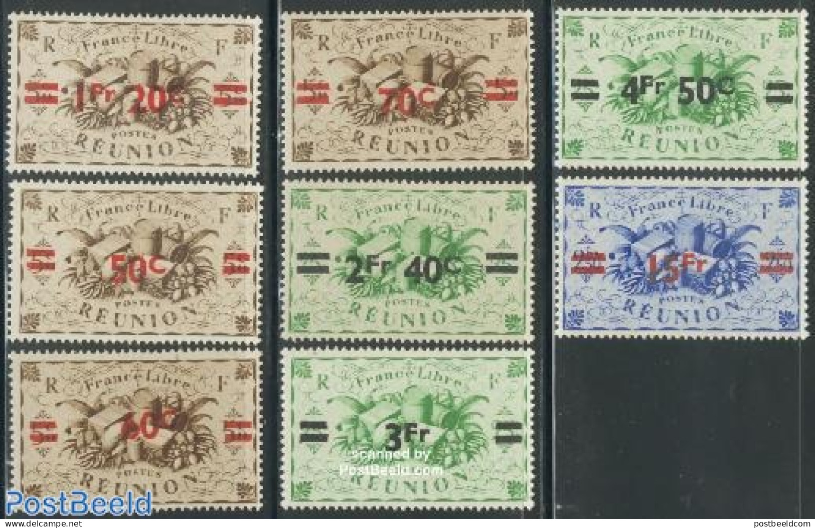 Reunion 1945 Definitives Overprinted 8v, Mint NH, Health - Food & Drink - Alimentation