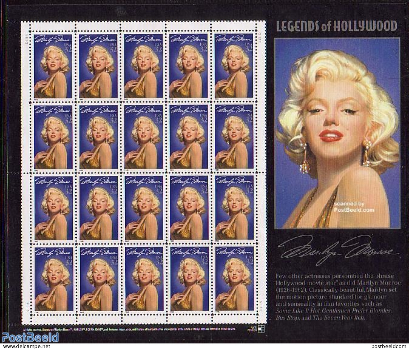 United States Of America 1995 Marilyn Monroe M/s, Mint NH, Performance Art - Marilyn Monroe - Movie Stars - Unused Stamps