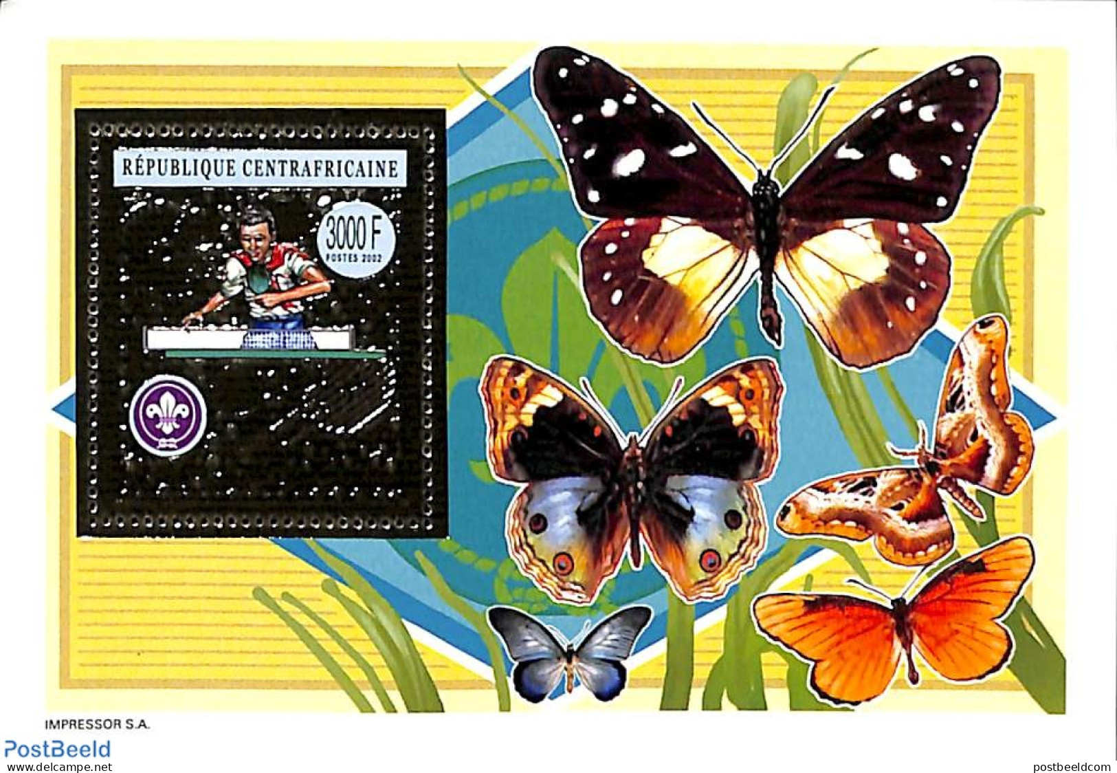 Central Africa 2003 Table Tennis/scouting S/s Gold, Mint NH, Nature - Sport - Butterflies - Scouting - Sport (other An.. - Table Tennis