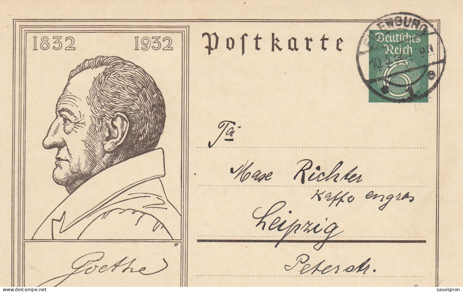 _Deutsches Reich. Gedenkpostkarte  Zum 100.Todestag Goethes, Gesandt Von Eilenburg Nach Leipzig, 1932 - Postcards