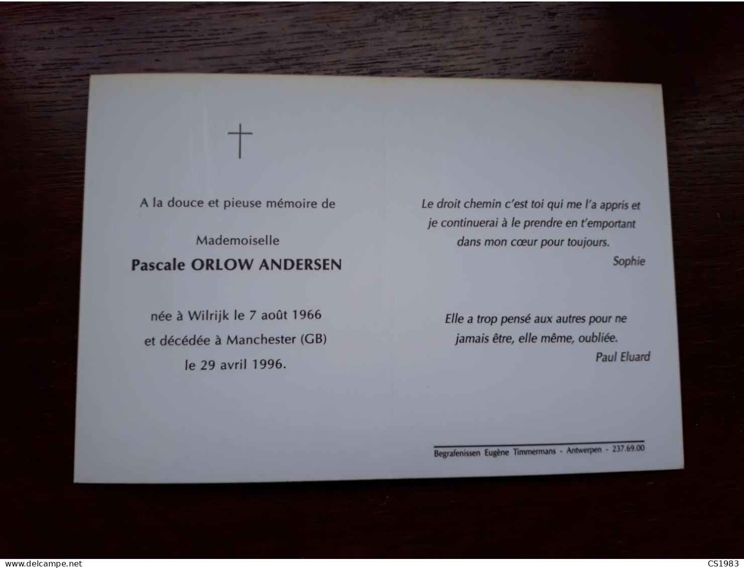 Pascale Orlow Andersen ° Wilrijk 1966 + Manchester (GB) 1996 - Begraf. Antwerpen - Obituary Notices